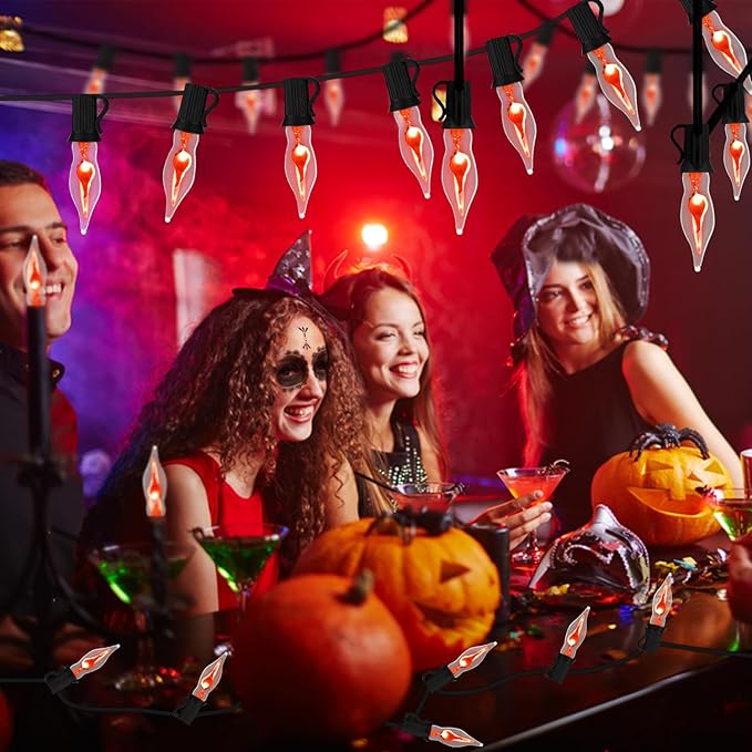 27.8Ft Halloween Decorations Flickering Flame String Lights with 29 Pack Clear Glass Flame Light Bulbs (4 Spare), E12 Base, Great for Christmas Halloween Indoor Outdoor Home Party Decor, Black Wire