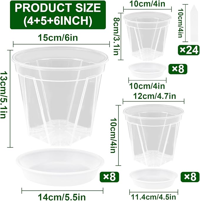 24 Pack Clear Nursery Pots 4/5/6 Inch Clear Plastic Plant Pots with Drainage Holes Clear Planters Flower Pots for Indoor Plants