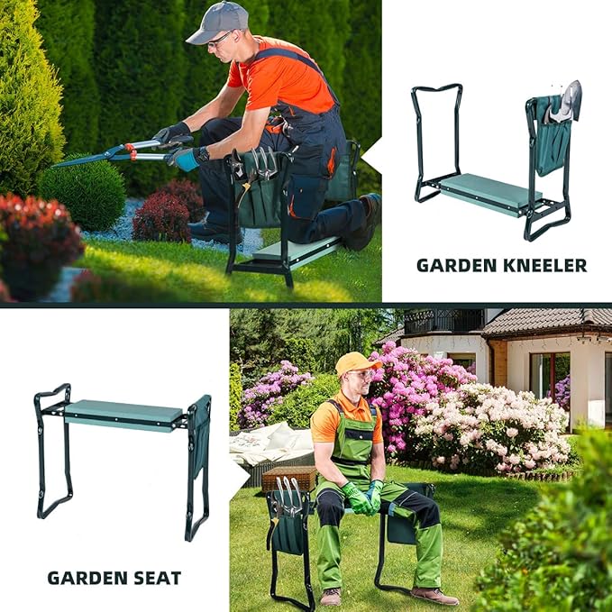 2-in-1 Garden Kneeler and Seat, Folding Garden Seat w/EVA Foam Kneeling Pad & Removable Tools Pouch, Sturdy Steel Frame, No Assembly, Portable Heavy Duty Garden Stool for Women Men Seniors