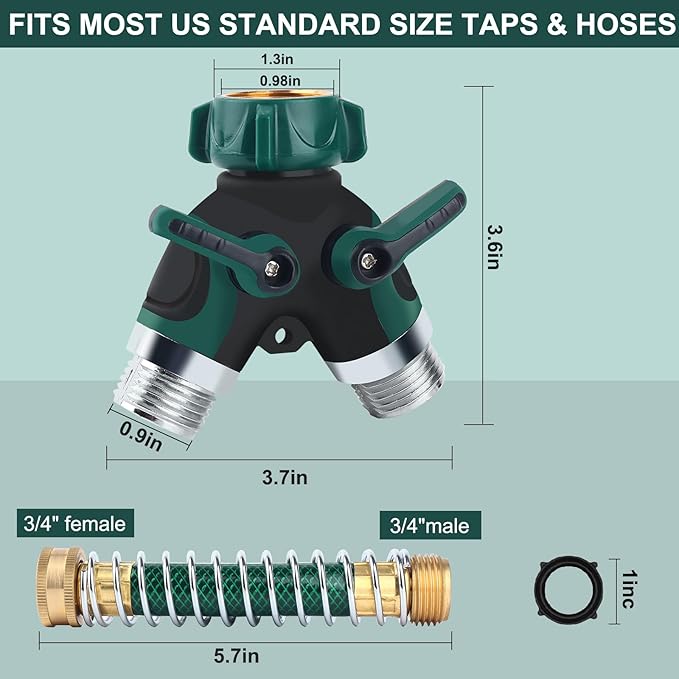 Hose Splitter, Garden Hose Splitter 2 Way Heavy Duty,3/4" Spigot Adapter Connector with 2 Kink Free Faucet Extension Hose Protector 6 Rubber Washers and PTEP Tape for Drip Irrigation, Lawns