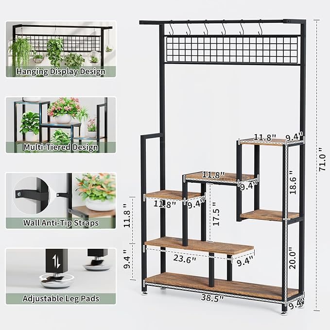 Tall Plant Stand Indoor with Grow Lights, 6 Tiered Metal Plant Stand for Indoor Plants Multiple, Large Plant Shelf Display Rack, Square Flower Plant Holder for Living Room, Patio (Black)