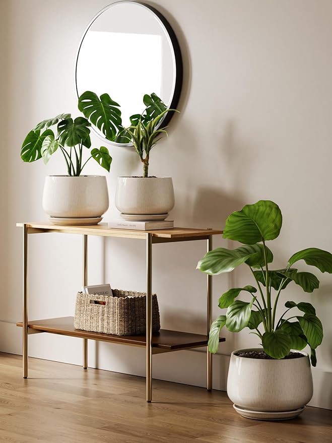 LE TAUCI Ceramic Plant Pots, Set of 2, 10 Inch 12 Inch Planters for Indoor Plants, Elegant Decorative Flower Pot, Sturdy Large Planter with Drainage Tray, Suitable for Porch, Reactive Glaze Beige