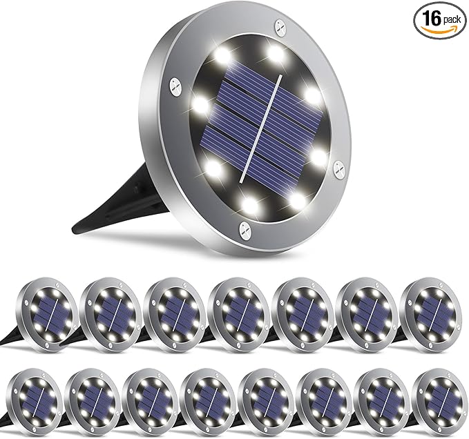 Solar Ground Lights - 16 Pack, In-Ground Pathway Lights for Garden, Lawn, Yard, Patio, Driveway, Steps and Walkway - White