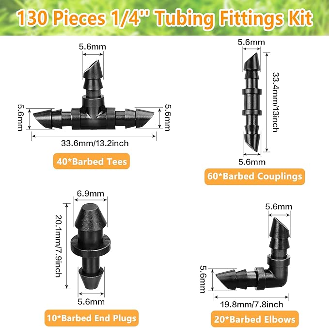 Drip Irrigation Fittings Kit for 1/4" Tubing, 130 Pieces Drip Line Connectors for Drip Systems - 60 Couplings, 40 Tees, 20 Elbows, 10 End Plugs - Drip Irrigation Parts for 1/4 Inch Drip Hose