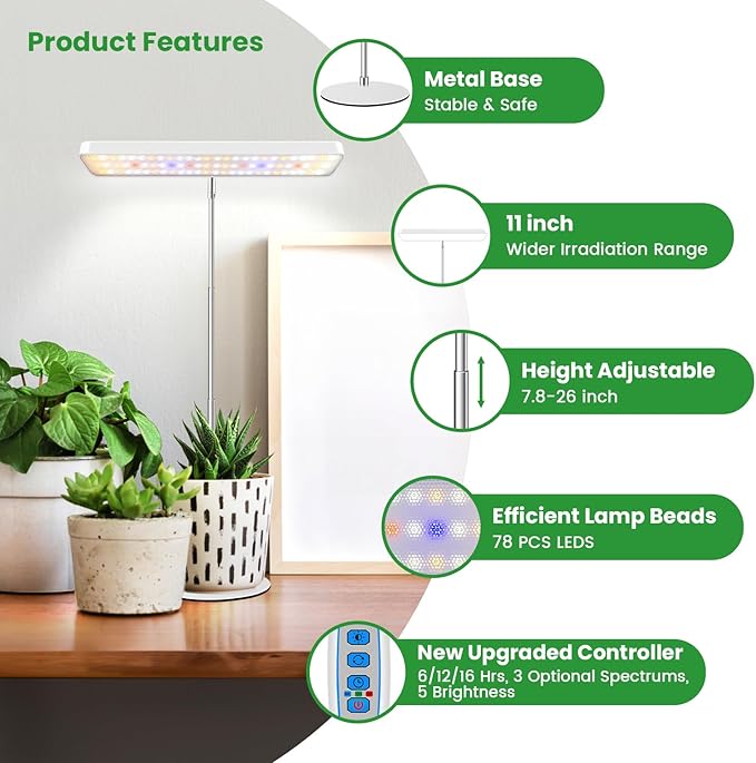 Wiaxulay Plant Grow Light, 78 LEDs Grow Light for Indoor Plants Full Spectrum, Height Adjustable Desk Growing Lamp with Metal Base, Auto Timer 6/12/16Hrs, 3 Lighting Modes, 5 Dimmable Levels,2 Pack