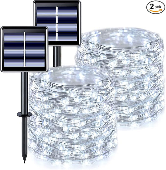 JMEXSUSS Total 400 LED White Solar Christmas Lights Outdoor Waterproof, 2 Pack 66ft Solar String Lights, 8 Modes Solar Fairy Lights for Yard Patio Tree Christmas Decor