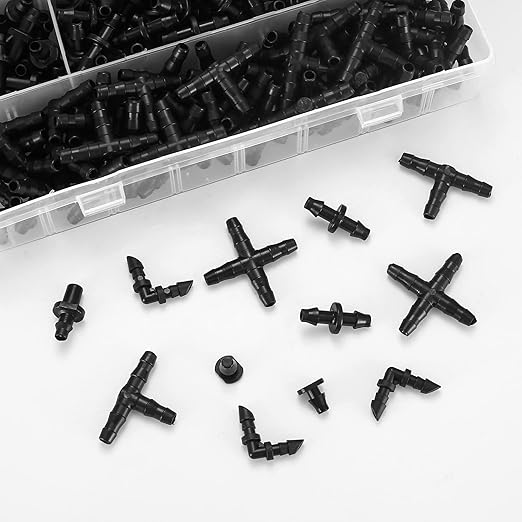 300 Pcs Irrigation Fittings Kit, Irrigation Barbed Connectors Parts, Drip Irrigation Barbed Connectors 1/4'' Tubing Fittings Kit (Single Barbs/Tees/End Plug/4-Way Coupling/Elbows/Straight Barbs)