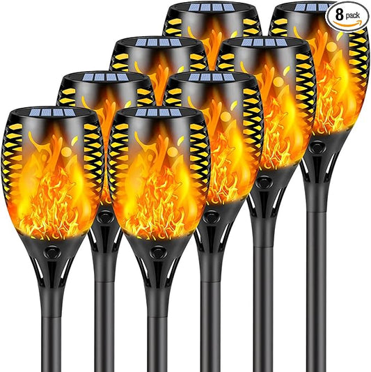 Upgraded 8 Pack Super Larger Size Solar Flame Torch Extra Bright Tiki Lights Outdoor Decorative with Flickering Flame, Solar Outdoor Lights Waterproof for Garden Pathway Yard Party, Auto On and Off