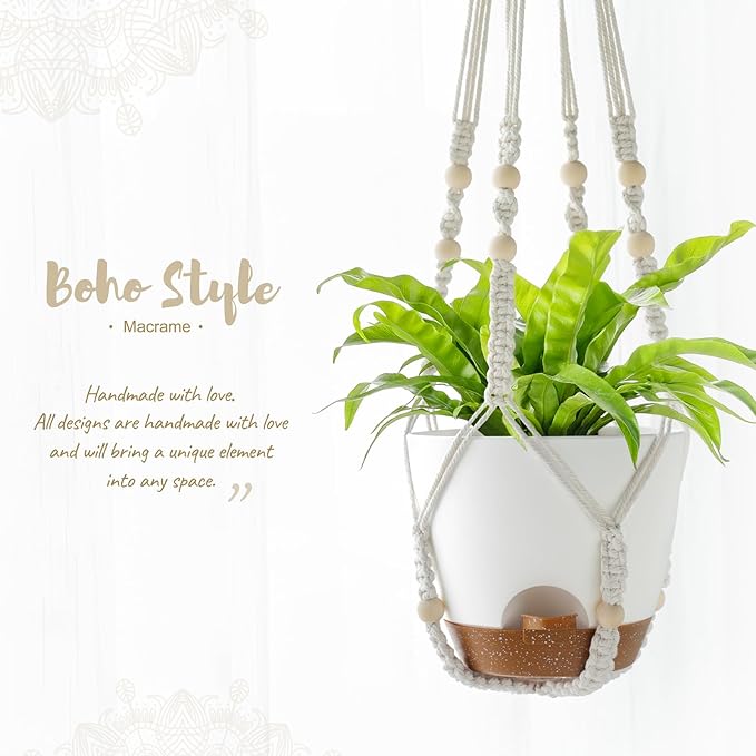 Mkono Hanging Planters, Macrame Plant Hangers with Self Watering Plant Pots Indoor Set of 3 Hanging Baskets Flower Pot Holders with Hooks No Tassels 3 Different Size for Boho Home Decor, Ivory