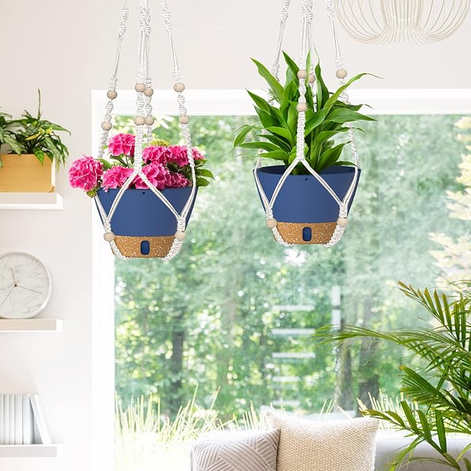 ZMTECH 2 Pack 8 Inch Blue Hanging Planters with Macrame Plant Hanger for Indoor and Outdoor Plants, Self Watering, Drainage Hole, Visible Level Tray