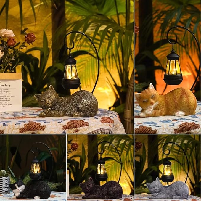 Cat Statue for Garden - 13' Sleeping Cat Figurines Solar Light Resin Garden Statues with Large Lantern Outdoor Waterproof Lawn Porch Ornament Decor, Gift for Mom