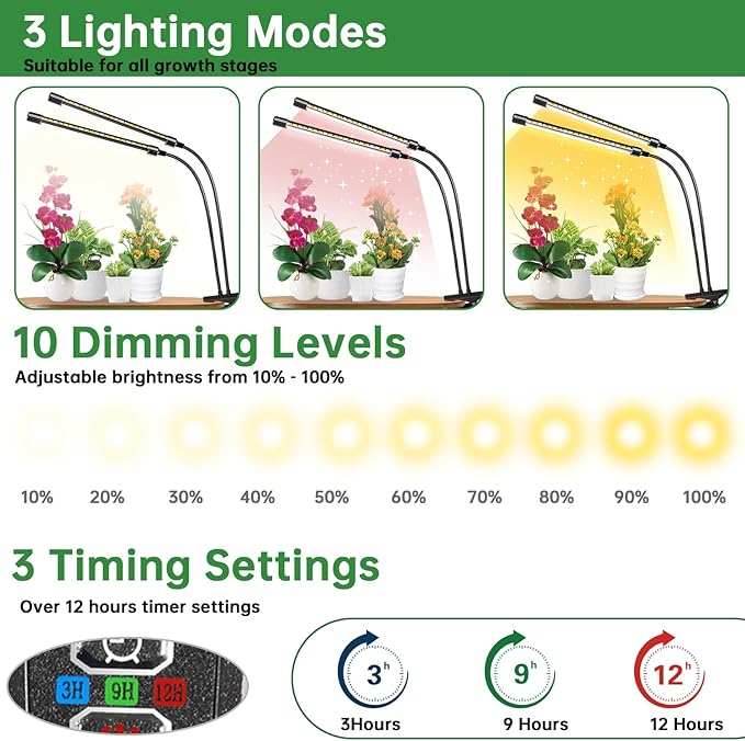 Full Spectrum LED Grow Light for Indoor Plants, 2Heads Grow Lights for Seed Starting, 10 Dimmable Levels & 3 Timer Modes (3/9/12H), Adjustable 360° Gooseneck with Clip, Plant Grow Light 2 Pack