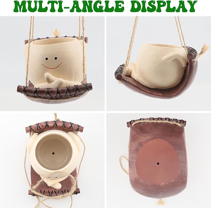 Small Swing Face Hanging Planter Pot for Indoor Outdoor Plants, Cute Swinging Plant Pot, Face Planter Pot Head, Hanging Flower Pots, Resin Succulent Planter, Valentines Day Gifts for Her