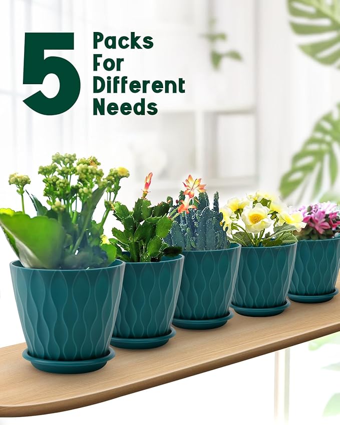 6 Inch Indoor Planter Pots with Drainage Hole and Tray Saucer,Flower Pots for Indoor Outdoor Garden Plants and Flowers, Multicolor, 5 Packs (Blue)