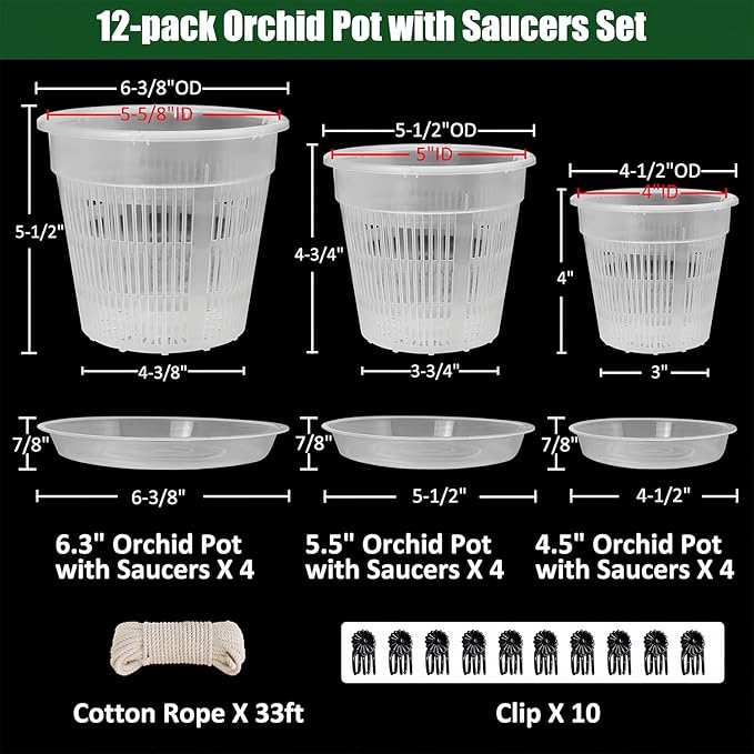 12 Pack Orchid Pot with Saucers, 4 Each of 4.5in, 5.5in and 6.3in Orchid Pots for Repotting, Clear Orchid Pots with Holes, Plastic Flower Plant Pot