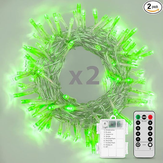 String Lights, 2 Pack Battery Operated String Lights with Remote Timer Waterproof 8 Modes String Lights for Bedroom,Garden,Party,Xmas Tree Indoor Outdoor Decorations (Green, 16.4)
