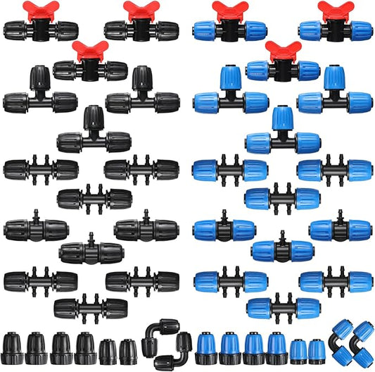 40 Pcs 1/2" Tubing Irrigation Fittings Kit 1/2 ID x 0.6-0.63 OD 16 mm Drip Irrigation Barbed Connectors Include 6 Switch Valves 18 Barbed Tee 8 Ends 4 Adapters 4 Elbows (Black and Blue)