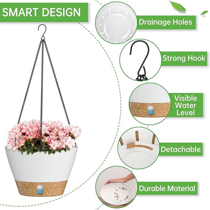ZMTECH Hanging Planters for Indoor Plants Set of 2 Self Watering Hanging Pots Hanging Baskets Hanging Flower Pots for Outdoor Hanging Plants(10 Inch, White)