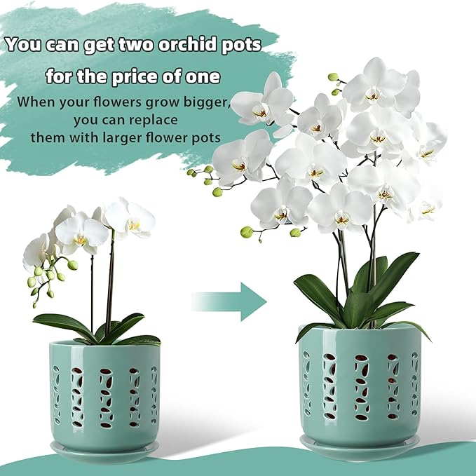 Ceramic Orchid Pots with Holes, 5 Inch+6 Inch Orchid Planter with Drainage Holes and Tray, Indoor Flower Pot for Repotting Orchids, Elegant Indigo Glaze