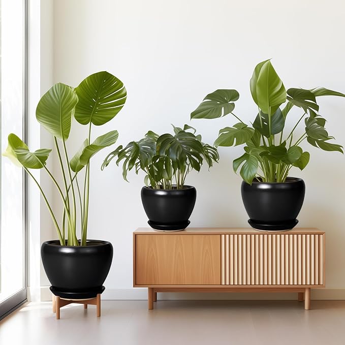 Ceramic Planters Pots - 10 Inch 8 Inch 6 Inch Plant Pots Indoor with Drainage Holes and Saucers Large Planters Mid-Century Flower Pots Outdoor Set of 3 Black