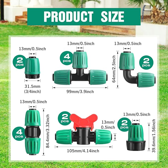 32 Pcs 1/2" Tubing Irrigation Fittings Kit 1/2" ID x 0.6-0.63" OD 16 mm Drip Irrigation Barbed Connectors 4 Switch Valves, 8 Tees, 8 Couplings, 4 Elbows, 4 Ends, 4 Adapters (Blue, Green)