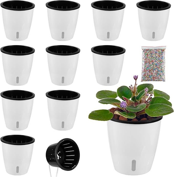 Planterhoma 5 Inch Self Watering Pots for Indoor Plants, 10 Packs White African Violet Pots with Water Indicator and Black Wick Pots, Self Watering Planters for Devil's Ivy, Indoor Plant Pots