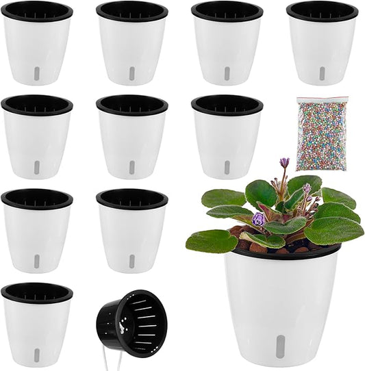 Planterhoma 5 Inch Self Watering Pots for Indoor Plants, 10 Packs White African Violet Pots with Water Indicator and Black Wick Pots, Self Watering Planters for Devil's Ivy, Indoor Plant Pots