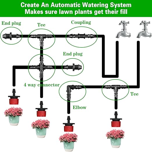 1/4 Inch Drip Irrigation Fittings Kit：200 Pieces Drip Irrigation Parts with Sharp End for 1/4" Drip Tubing Barbed Connectors for Home Garden 85 Couplings 60 Tees 20 Elbows 25 Plugs 10 Crosses