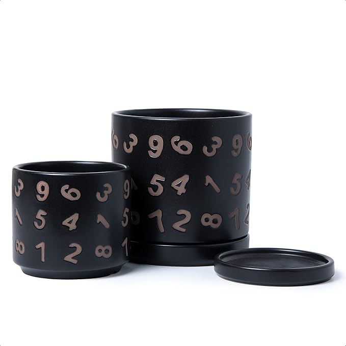 D'vine Dev Set of 2 Ceramic Planter Pots with Drainage Hole and Saucer, 4.5 Inch 6 Inch Plant Pots for Plants Indoor Houseplants, Black, 99-B-2
