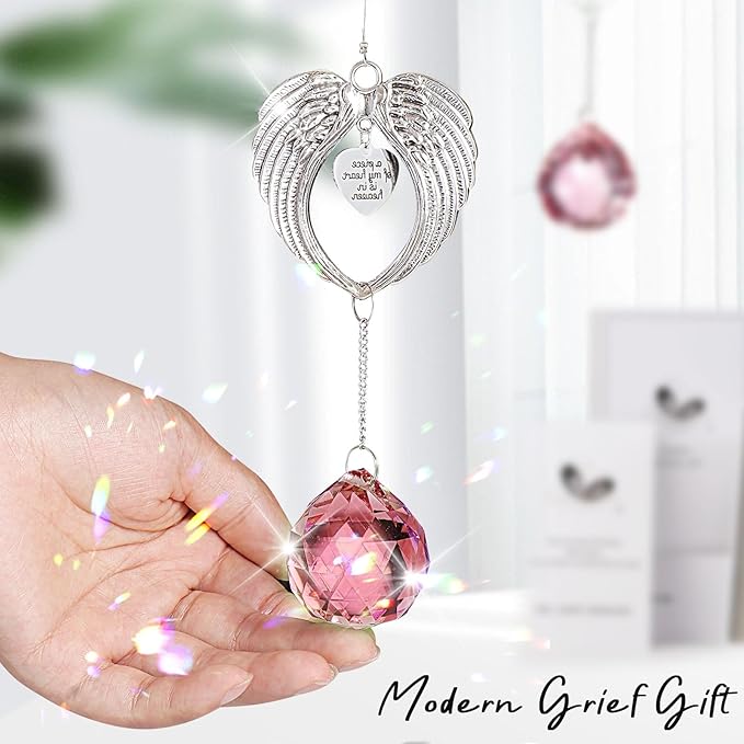 Sympathy Gift Modern Grief Gift for Lose of Loved Ones, Memorial Suncatcher with 40mm Crystal Ball, Sorry for Your Lose Rainbow Maker, Bereavement Gift Idea Angel Wings Design, Pink
