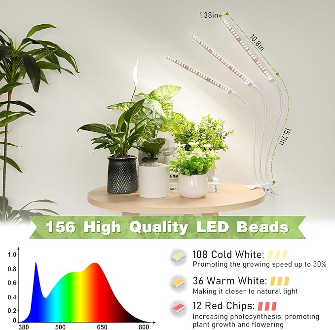 FOXGARDEN® Grow Light for Plant Growing, Full Spectrum Plant Lights for Indoor Growing with Timer 4/8/12 H, Tri-Head 156 LED Grow Lamp with Gooseneck & Clamp, 4 Brightness Levels for Indoor Plants