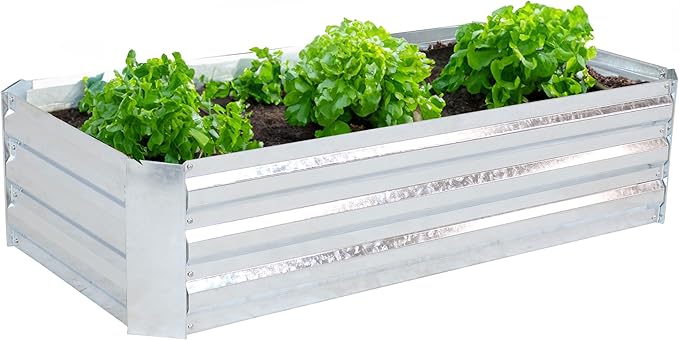 Sunnydaze 11.75" H Raised Metal Garden Bed - Galvanized Raised Garden Bed Outdoor for Vegetables and Flowers - Woodgrain - 4' x 2' Silver