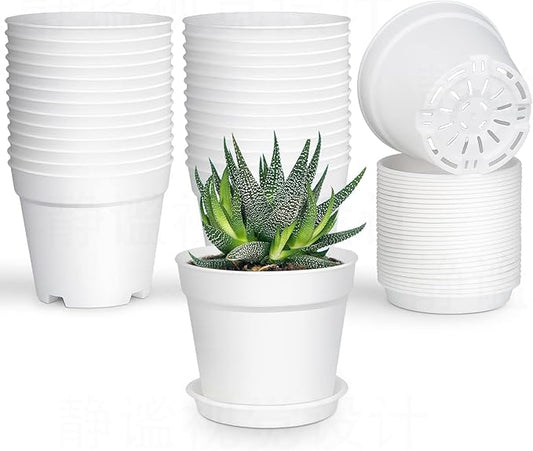 4 inch Small Plant Pots, 28 Pack Plastic Planters with Drainage Holes and Saucers for Flowers Plants, Succulents, Seed Starting Pots, White