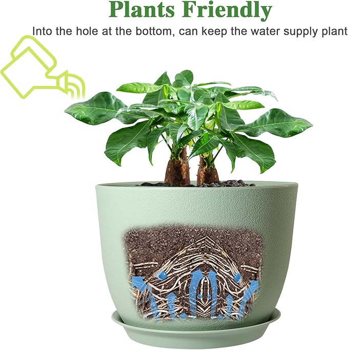 12inch Large Plant Pot, Modern Plastic Planter with High Driange Holes and Saucer for Indoor Outdoor Garden Plants and Flowers, Green