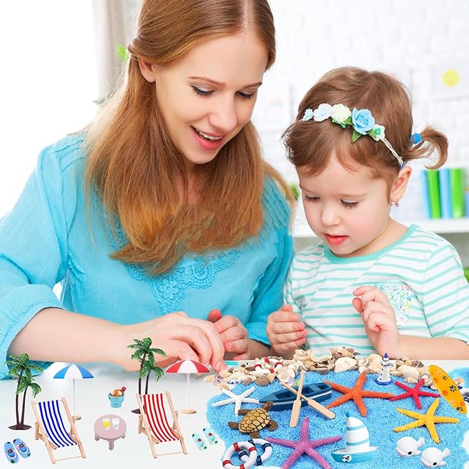 31 Pcs Beach Microlandscape Miniature Dollhouse Decoration, Maritime Decoration with Mini Beach Umbrella Mini Chair Miniature Coconut Tree Beach Decor for DIY Garden Plant Pool