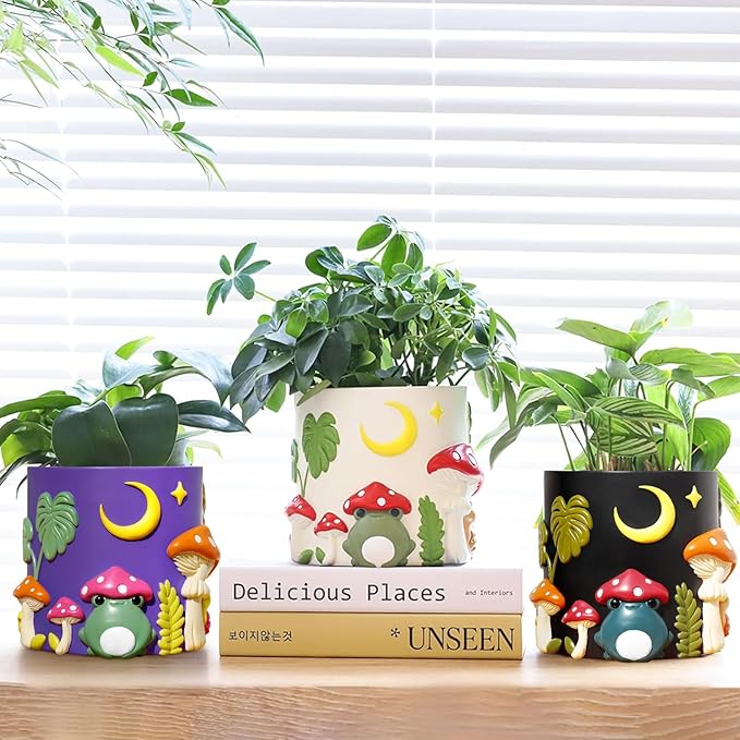 GUGUGO Colorful Frog Garden Plant Pots, Cute Unique Succulent Planters with Drainage, Rainbow Small Mushrooms Flower Planters Pots for Indoor Plants, Funny Eclectic Home Décor-Black