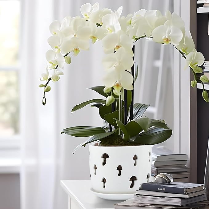 Ceramic Orchid Pot, 5 inch+6 inch Orchid Pots with Holes, Mushroom Shape Orchid Planter with Drainage and Saucer, Effectively Prevent The Root Rot of Orchids, White Flower Pot