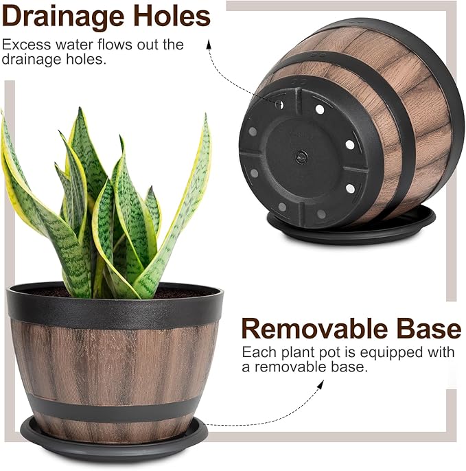 8 Pack Plant Pots with Drainage Holes, Include 4 Each of 12/9 inches Flower Pots with Saucers, Plastic Imitation Wine Barrel Design for Indoor Outdoor Garden Home Plants