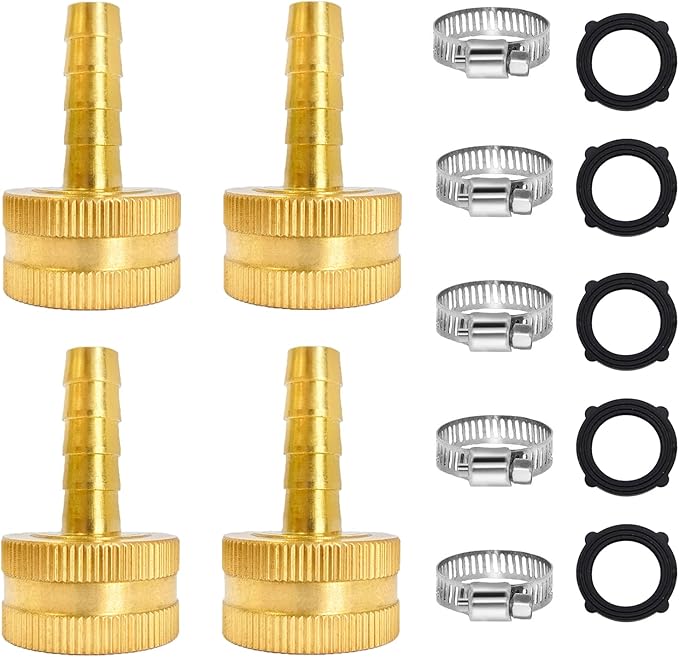 1/4" Barb x 3/4" Female GHT Thread Solid Brass Water Hose End Repair Connector, Includes Stainless Steel Clamps and gaskets（Pack of 4）