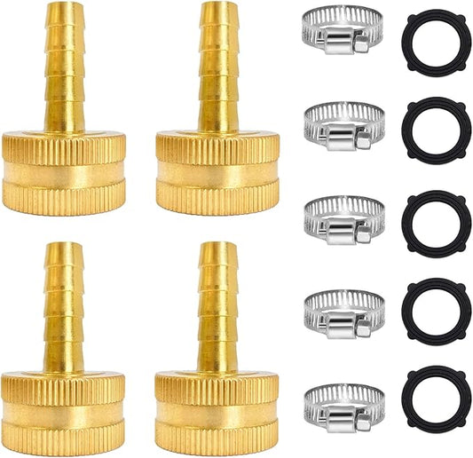 1/4" Barb x 3/4" Female GHT Thread Solid Brass Water Hose End Repair Connector, Includes Stainless Steel Clamps and gaskets（Pack of 4）