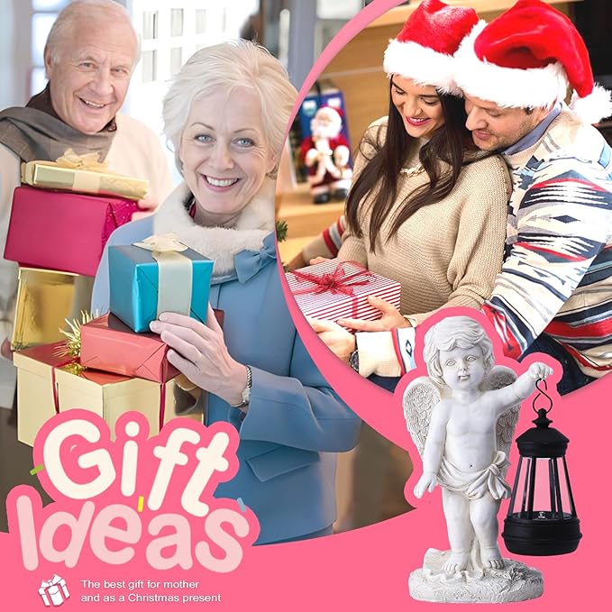 Goodeco Cherub Statue with Solar Lantern - Angel Statue for Garden Patio Yard Porch Lawn Outdoor Decor, Angel Figurines Memorial Spiritual Gifts