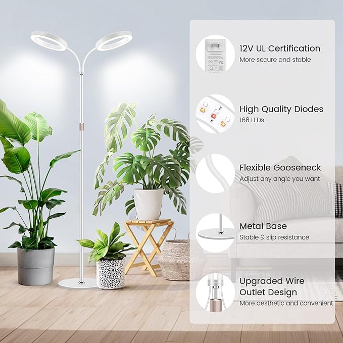 Garpsen Grow Lights for Indoor Plants, Dual-Head Full Spectrum LED Plant Light with Stand, 3 Color Modes Grow Lamp with Timer 6/12/16H, 5 Dimmable Levels, 168 LEDs and 67''Height Adjustable(White)