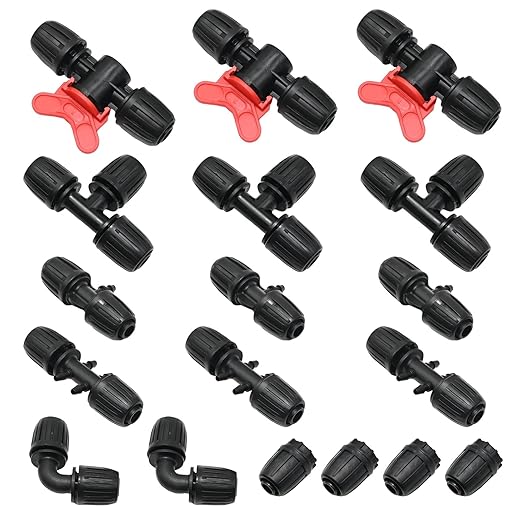 18Pcs Drip Irrigation Fittings Kit, 2 Elbows, 4 End Caps, 3 Tees, 3 Switch Valves, 3 T Connectors, 3pcs 1/2" to 1/4" Reducers, Barbed Locked Nuts Connectors for Watering System
