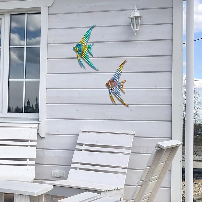 LIFFY Metal Fish Wall art Decor Beach Wall Decor Angelfish Art Sculpture Hanging for Outdoor Ocean Beach Sea Pool Decorations(Pair of Angelfish)