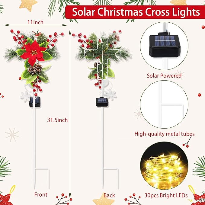 Solar Christmas Decorations Outdoor, 32 Inch Solar Christmas Cross Stake Lights, Waterproof Grave Decorations with Poinsettia Flower Pinecones Red Berries for Garden Yard Patio Lawn Cemetery