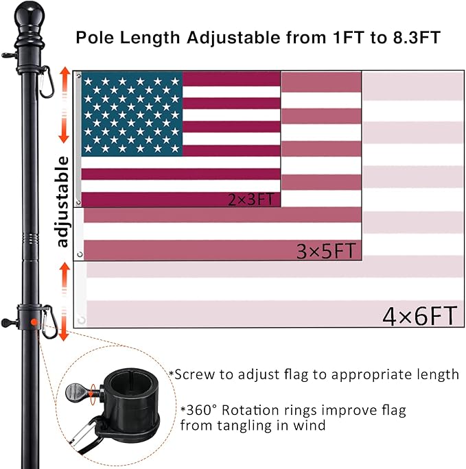 Black Flag Poles for Outside in Ground - 8.3ft Flag Pole for House with 2 Pronges Base - Stainless Steel Flag Pole Kit with 3x5FT American Flag for Yard Residential Commercial