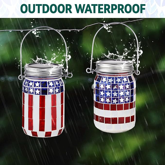 VOREEN 2 Pack Mosaic Solar Lanterns, Outdoor Glass Hanging Lights, Solar Table Lamps, Waterproof, American Flag Jar Lights Gifts, Patriotic Theme Decoration for Garden, Patio, Yard, Easter Gifts