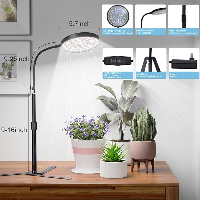 Super-Bright Grow Light 100W, 6000K 216LEDs White Full Spectrum Plant Growing Lamp for Home Office Indoor Plants,Adjustable Height & Auto Timer 4 8 12Hrs, 12V 3A High Power Output for Faster Growth
