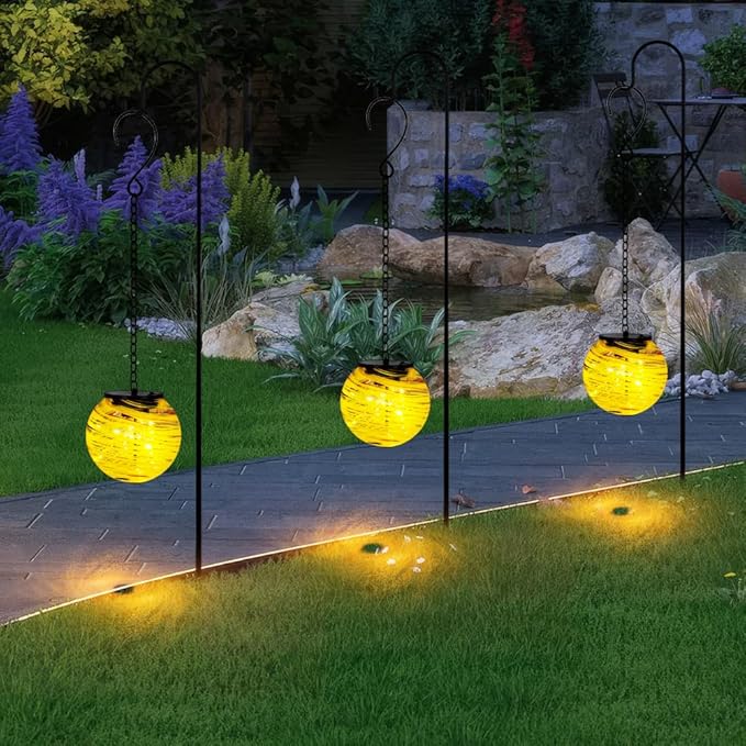 Solar Lanterns Outdoor Waterproof LED Lights 4.7" Glass Hanging Solar Lights with Metal Chain,Gazing Globe Ball Outdoor Decorative Lantern for Patio Pathway Yard Garden Decor(Yellow)