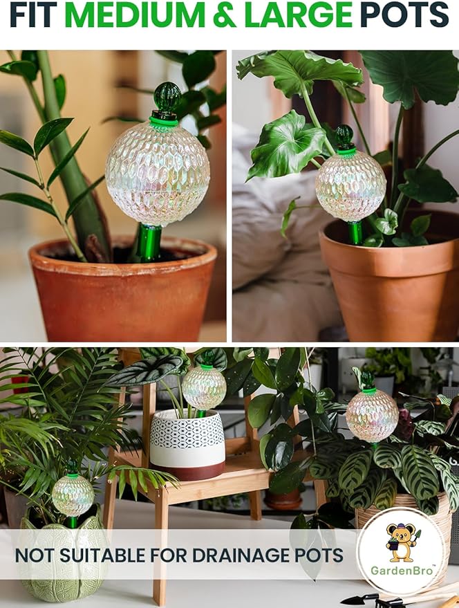 16 Oz Plant Watering Globes For Indoor Plants With Metal Self Watering Planter Insert - Premium XL Glass Hand-blown Globes - Automatic Indoor Planter Waterer, Gift Idea For Gardeners [1, Textured ]